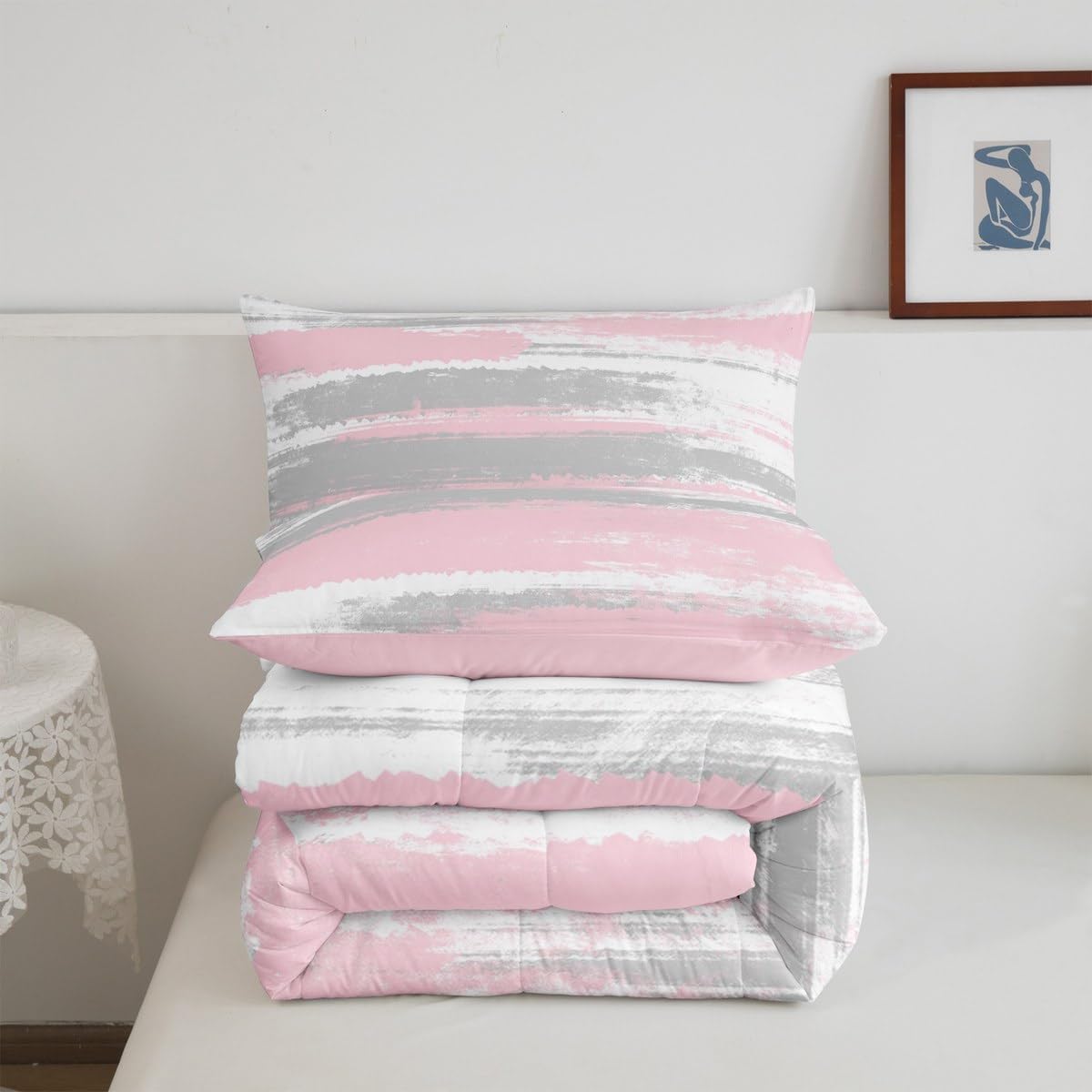 jejeloiu Pink Gray and White Bedding Set Twin Size Kids Stripe Line Comforter Set for Boys Girls Teens Abstract Geometric Duvet Quilt Breathable Soft Lightweight Microfiber Room Decor
