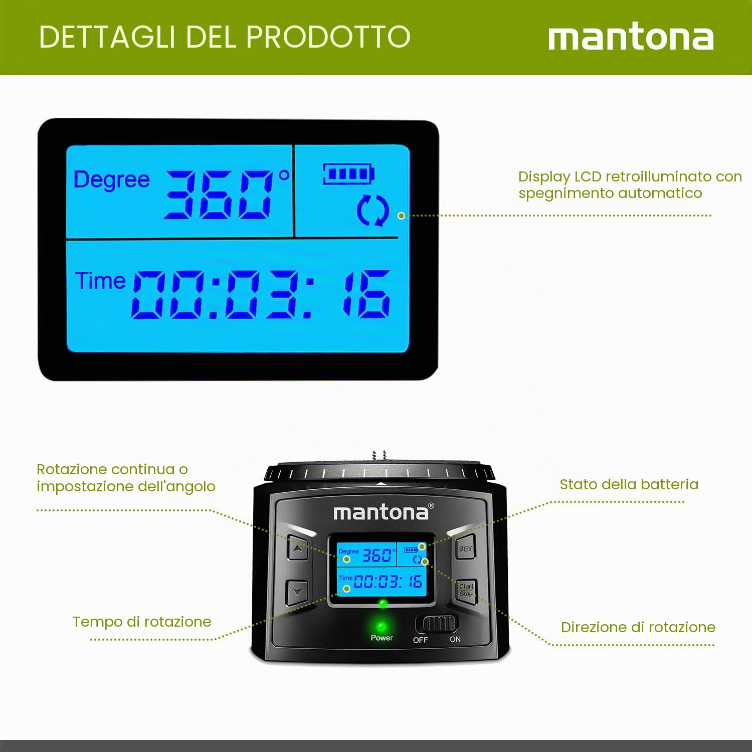 Mantona Testa panoramica motorizzata, riprese panoramiche a 360°, rotazione continua, utilizzabile con treppiedi fotografico, accessorio per fotocamere GoPro e smartphone