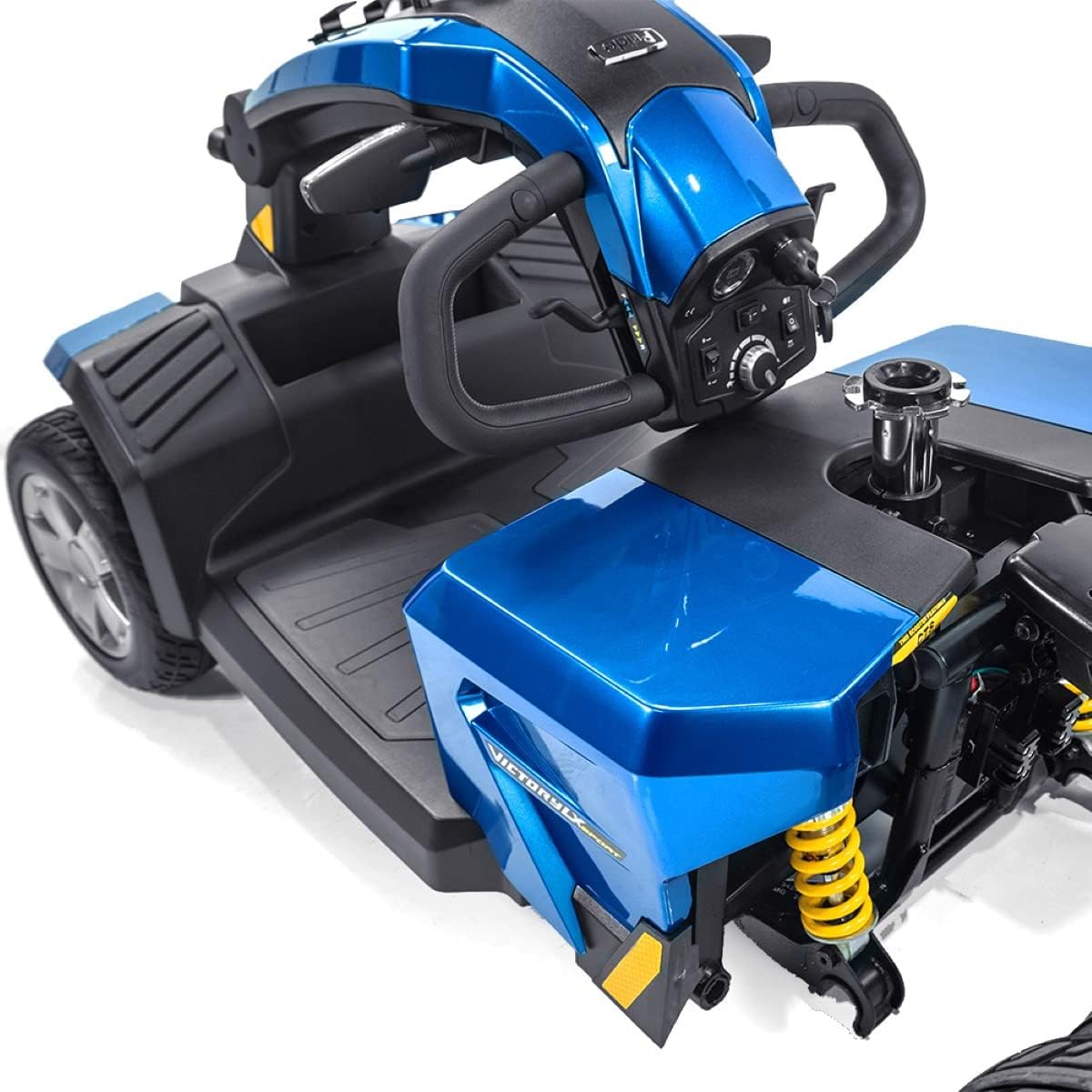 Close-up of the tiller and front basket of the Pride Mobility Victory LX Sport 4-Wheel Scooter.