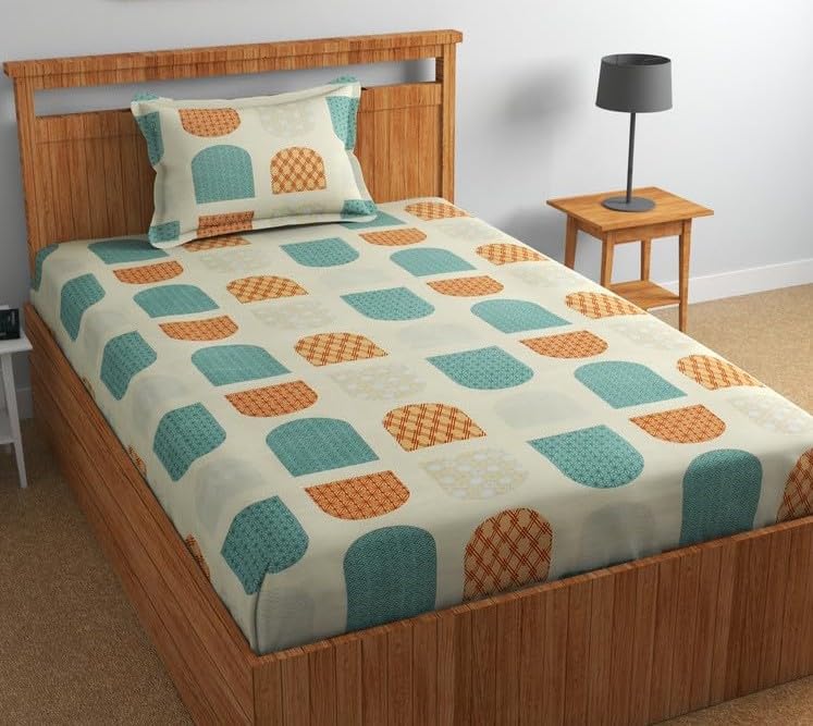 Image of la' amour Pure Cotton 220tc Flat Single Printed Bedsheets for Summer Breathable | Wrinklefree (Size-60 X 90 Inch or 228x152 cm) with 1 Pillow Covers (Size-17 X 27 Inches, Beige & Green)