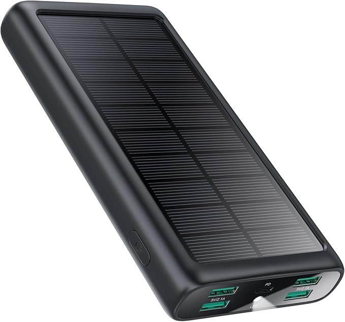 Power Bank 26800mAh Batería Externa con 5 Salidas, USB C (Entrada & Salida) Batería Portátil 15W PD 3A Carga Rápida Cargador Portátil con Linterna LED, IP65 Cargador Solar para iPhone Samsung y más
