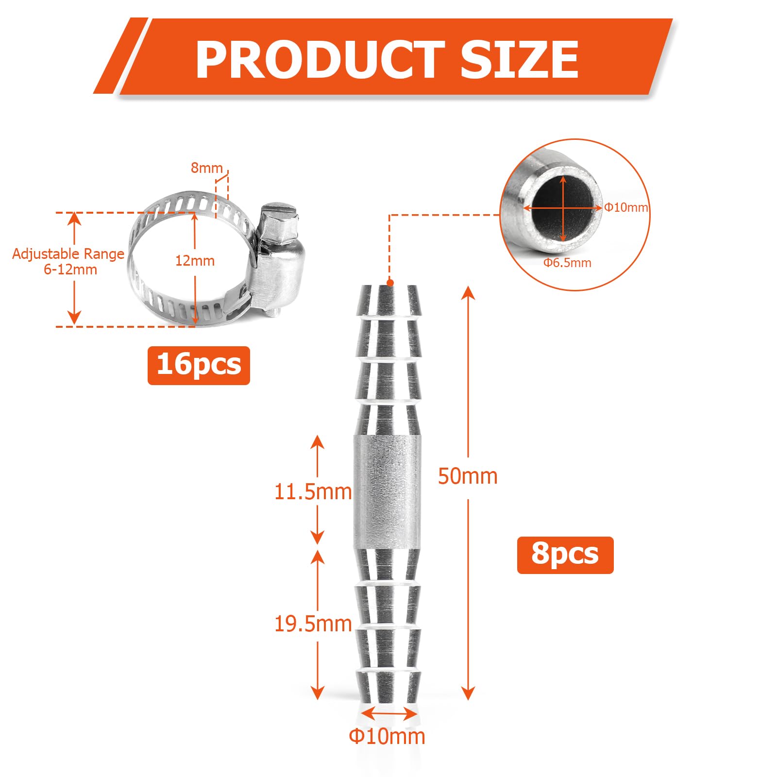 Lot de 8 Ensemble Raccord de Tuyau en I 10mm Connecteur de Tuyau Pneumatique, Raccord de Tuyau en I en Acier Inoxydable SUS 304, Connecteur de Tuyau à 2 Voies avec 12 Colliers pour Gaz, Eau