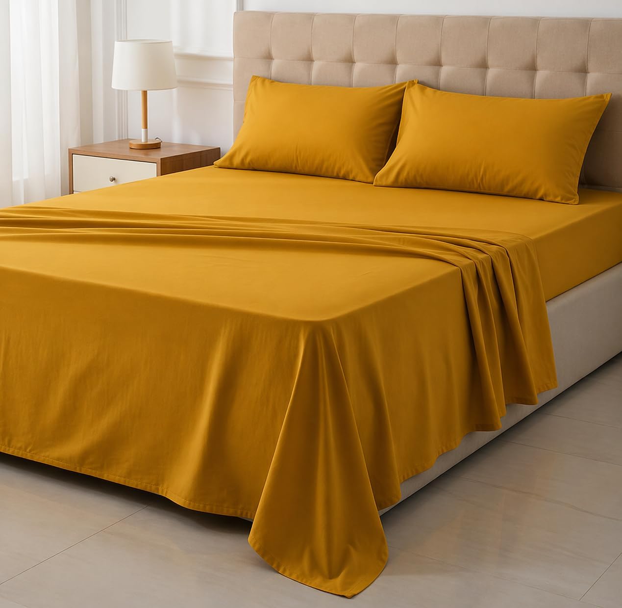 800 Thread Count 100% Pure Cotton 4-Piece Bed Sheet Set, Queen Size, Yellow, Solid, Deep Pocket Fitted Sheet, Envelope Closure Pillowcases