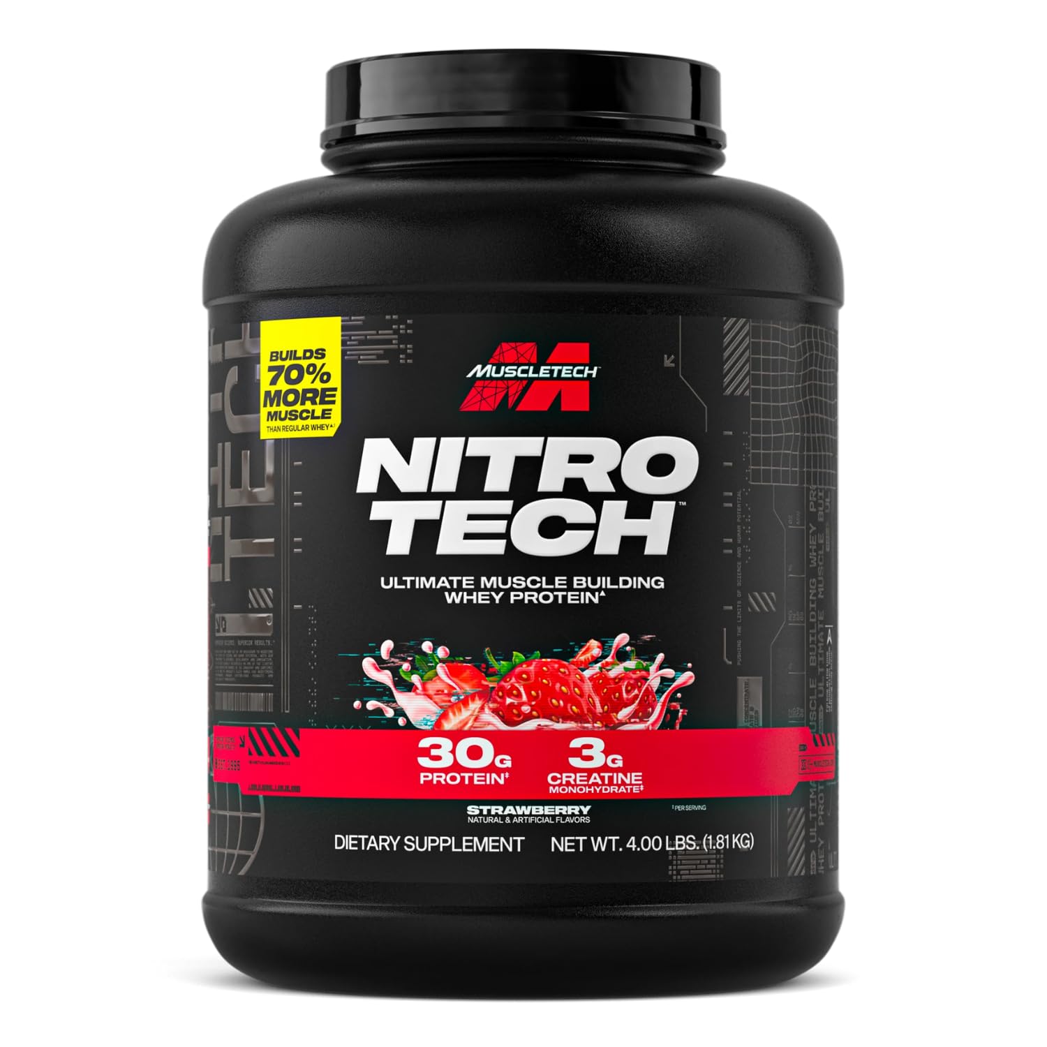 Muscletech NitroTech Whey Protein Ultimate Muscle Building Formula with a Unique Blend of Whey Protein Isolate & Peptides - 30gms Protein, 3 gms Creatine & 6.6 BCAAs, Strawberry Flavor, 4.00 lbs 4 Lbs