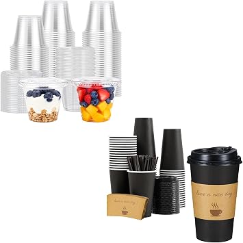 Lamosi 16 oz 50 Pack Coffee Cups with Lids and 9 oz 50 Pack Plastic Cups with Flat Lids