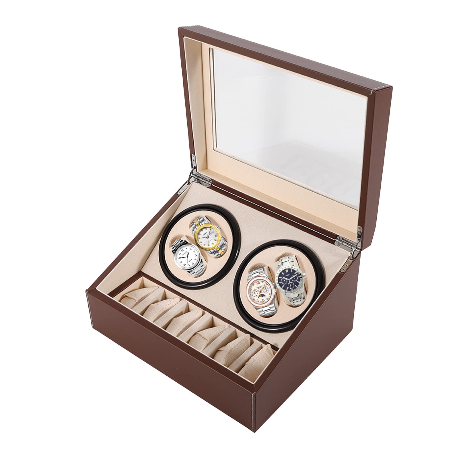 NOPTEG Automatic Watch Winder 4+6 Rotation Leather Storage Case Display Case Box Holder Organizer W/Pillow (Brown)