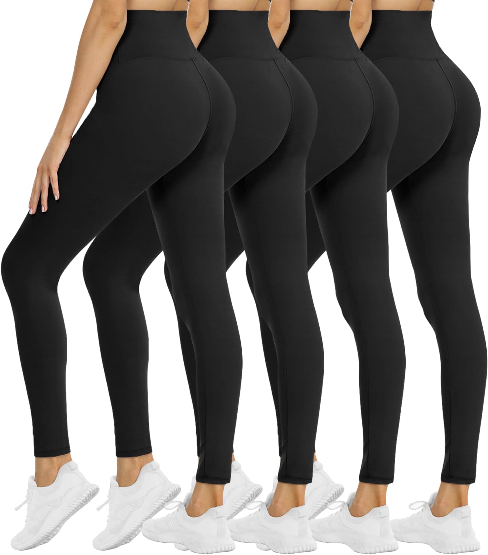 - 4 Pack Leggings for Women - High Waisted Tummy Control Soft Black Capri Yoga Pants with Pockets for Workout