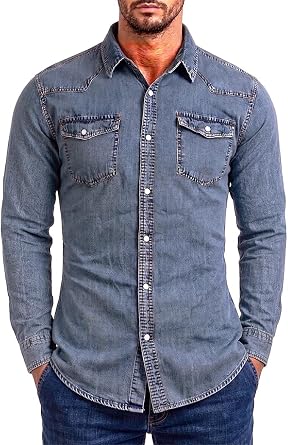 Mens Long Sleeve Double Pocket Snap Denim Shirt