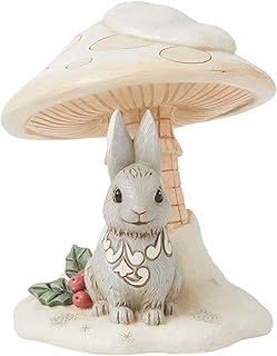 Jim Shore Heartwood Creek White Woodland Bunny Under Mushroom Miniature Figurine- Stone Resin Hand Painted Crafted Collectible Mini Figurines Home Decor Statue, 4.13 Inch