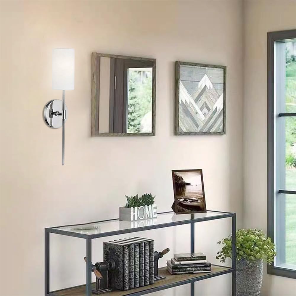 Lot de 2 appliques murales industrielles vintage linéaires longues avec abat-jour en tissu cylindrique blanc, lampe murale américaine rurale câblée en métal, éclairage moderne chromé/noir pour