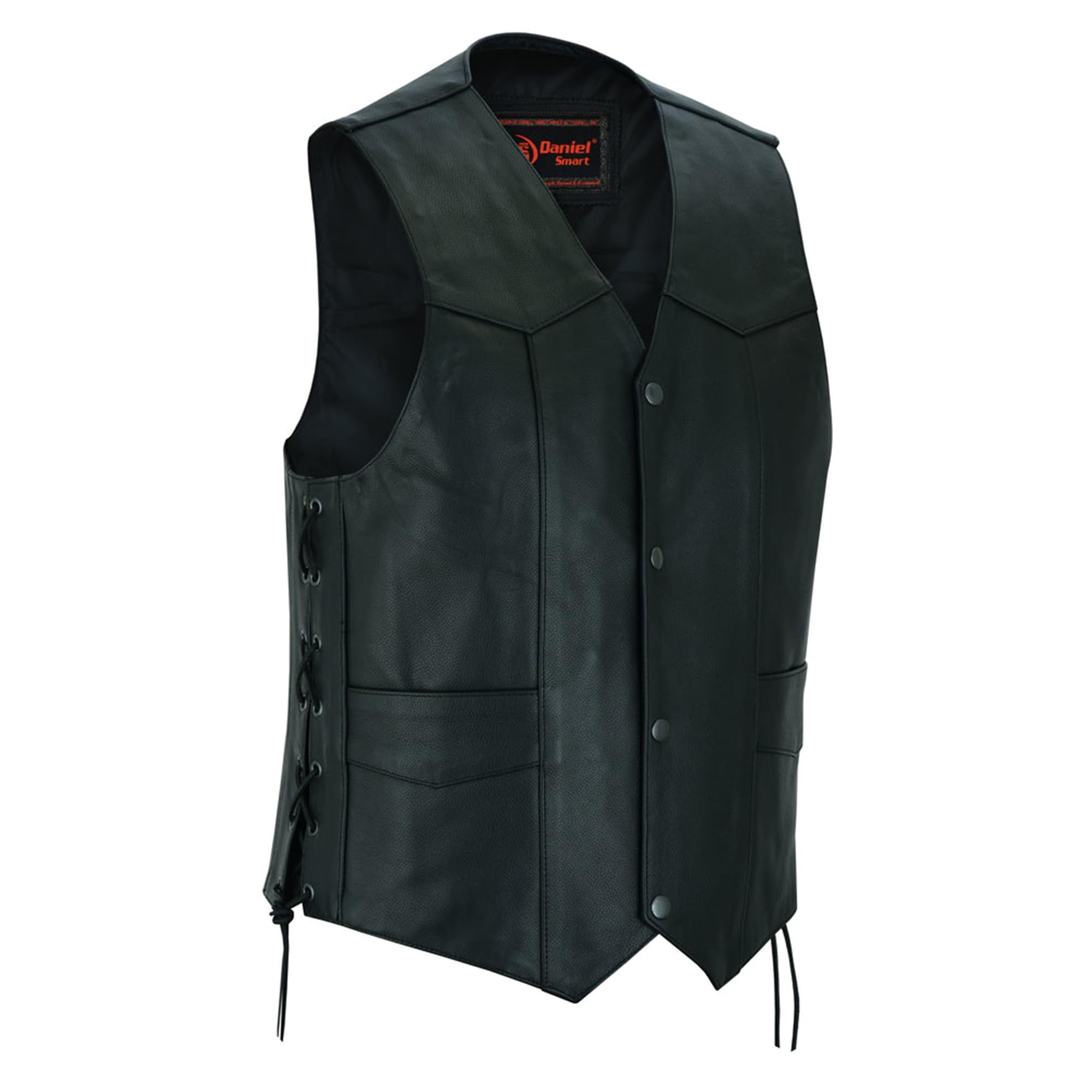 Daniel Smart Men’s leather Vest Premium Cowhide Motorcycle Leather Vest with Lace up sides - Unique Design & Armory Pockets
