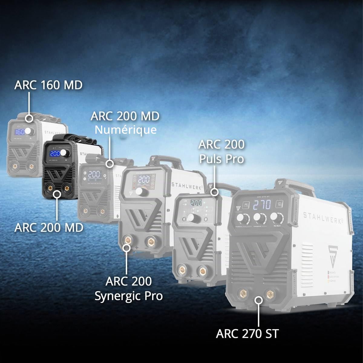 STAHLWERK Poste à souder à l'électrode ARC 200 MD – Kit complet avec chariot – MMA jusqu'à 200 A, utilisation flexible sans gaz, compact & léger, Smart Cooling, Hotstart, fonction Anti-Stick