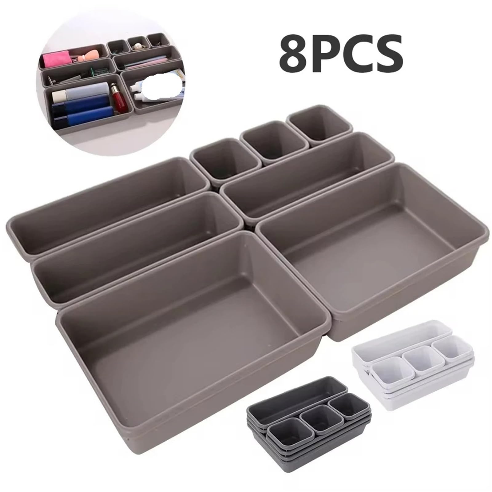 8 Stück verstellbare Schubladen-Organizer-Box-Tabletts Make-up-Kosmetik-Sonstiges-Teilerhalter Küche Badezimmer Schrank Schmuckschatulle Für Schubladen(White)