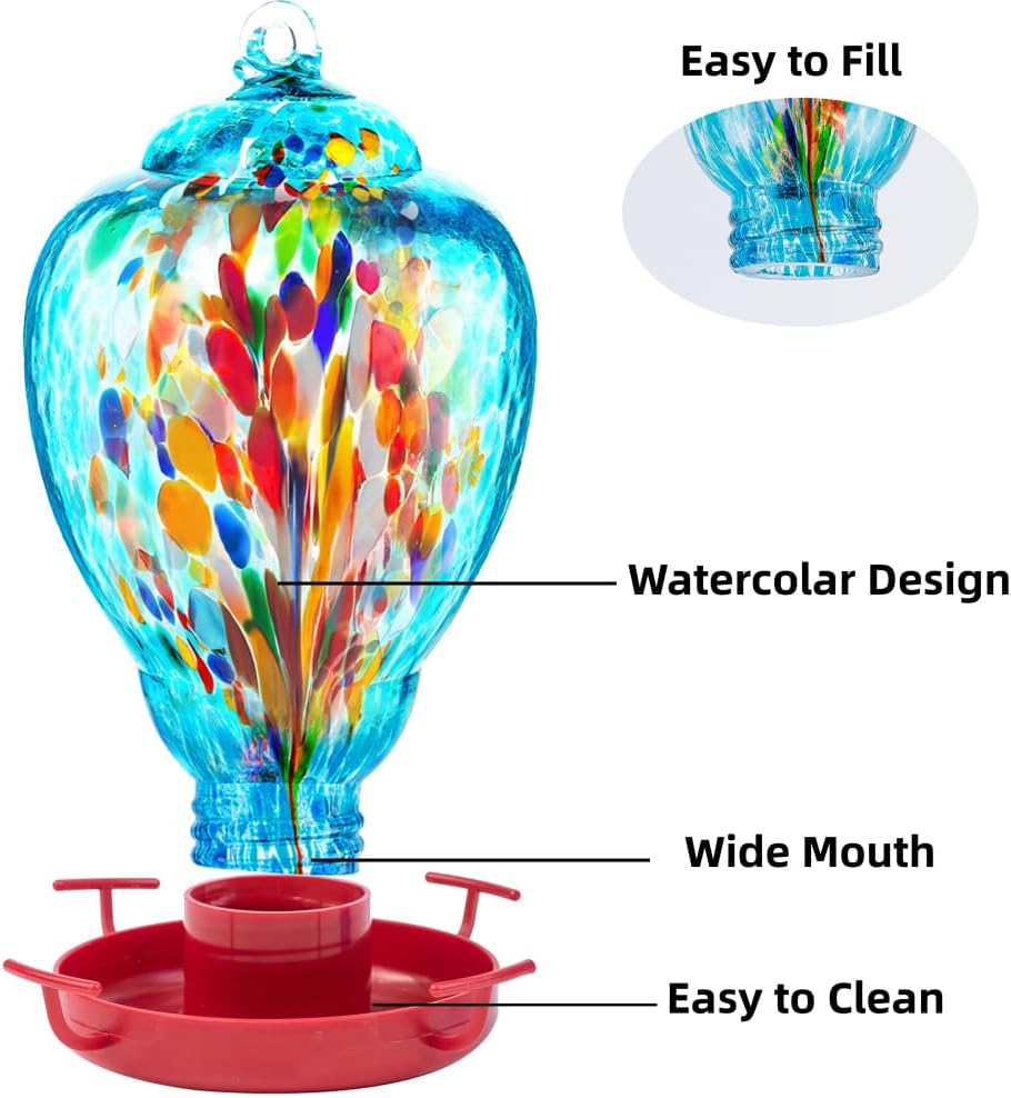 Colorful Glass Wild Bird Waterer 32 Oz Bird Water Feeder for Outdoors Garden Outside Water Cooler Tree Yard Decoration (Blue-fire)