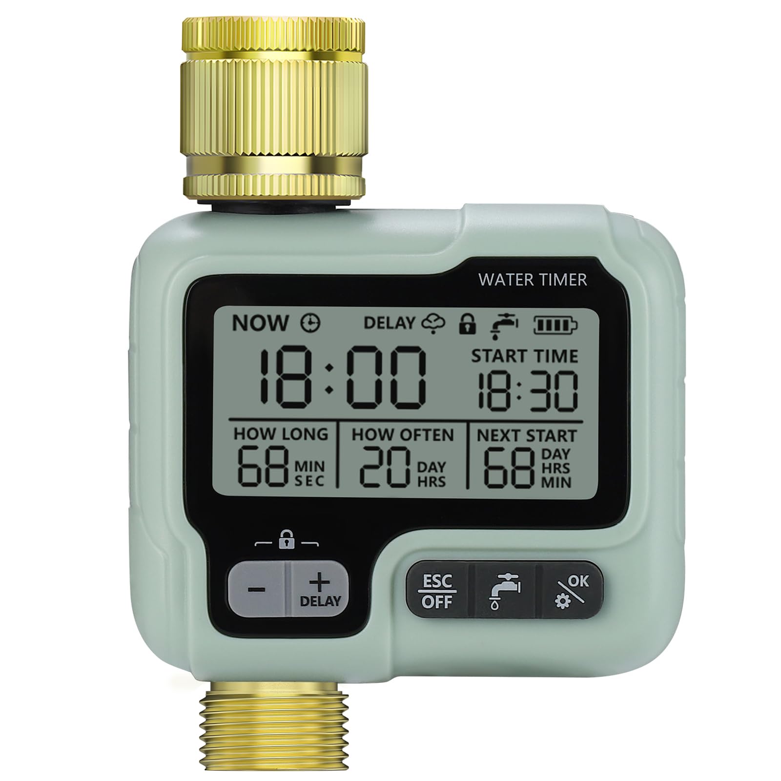 Johgee Water Timer with Brass Inlet & Outlet, Watering Computer, Control Irrigation System for Garden Lawn, Automatic Irrigation, Rain Delay, Manual Control and Child Lock