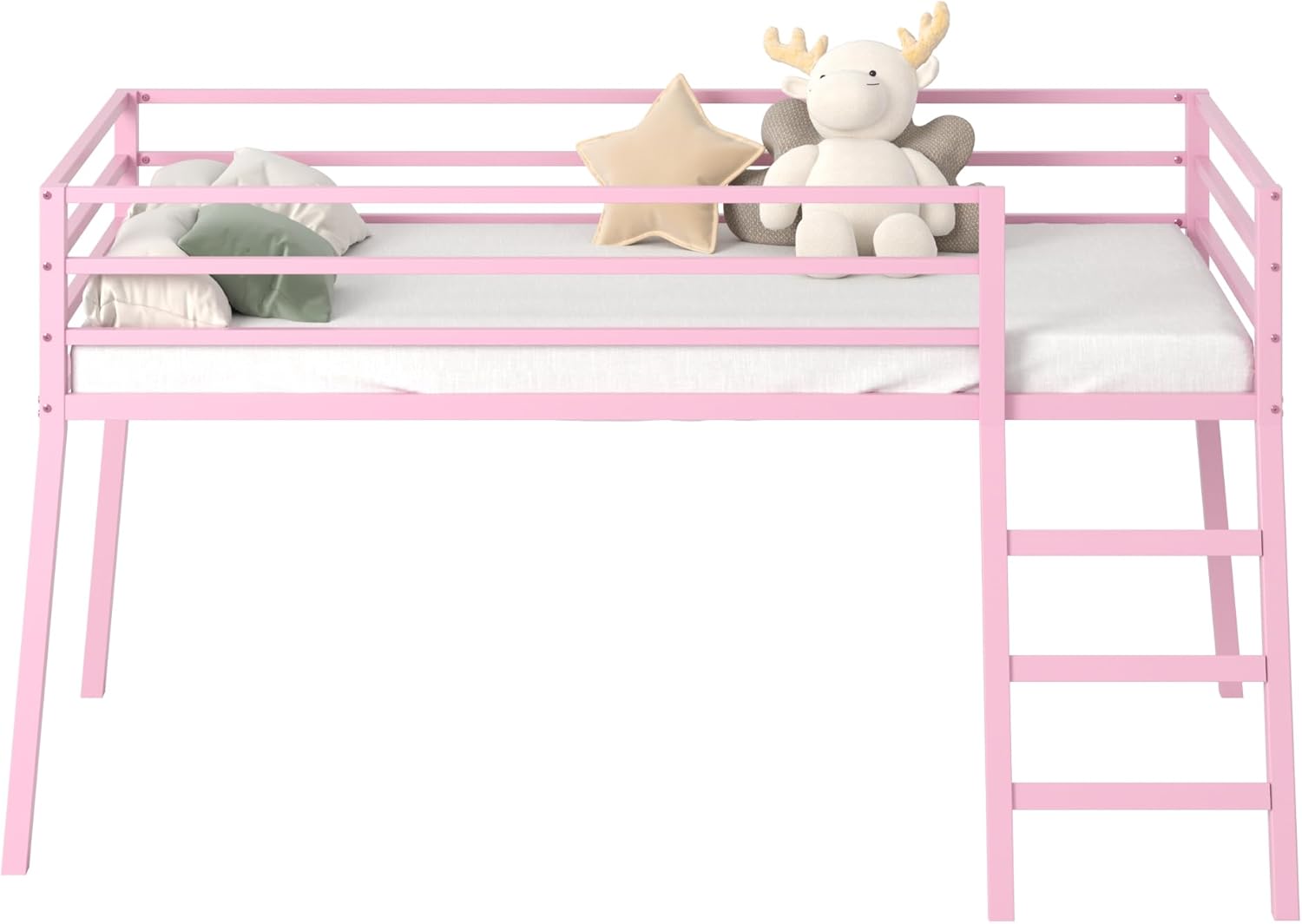 Lutown-Teen Metal Loft Bed with Stairs and Guardrail for Juniors, Space Saving Loft Bed Twin Size for Small Bedroom, Pink
