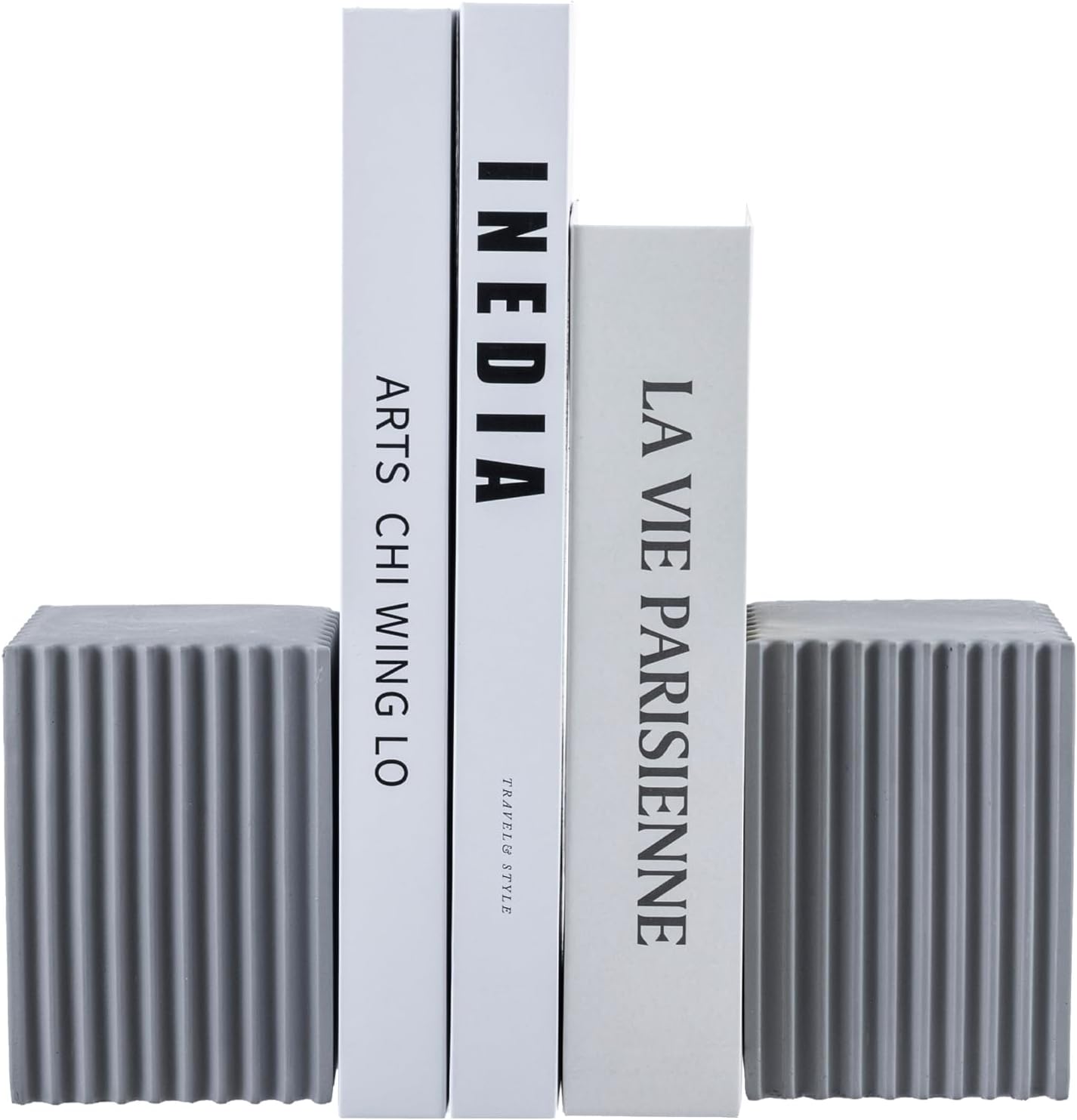 Book Ends,Bookends for Shelves,Modern Fluted Gray Concrete Block Decorative Bookends - Set of 2, Stylish and Functional Desk or Shelf Organizers