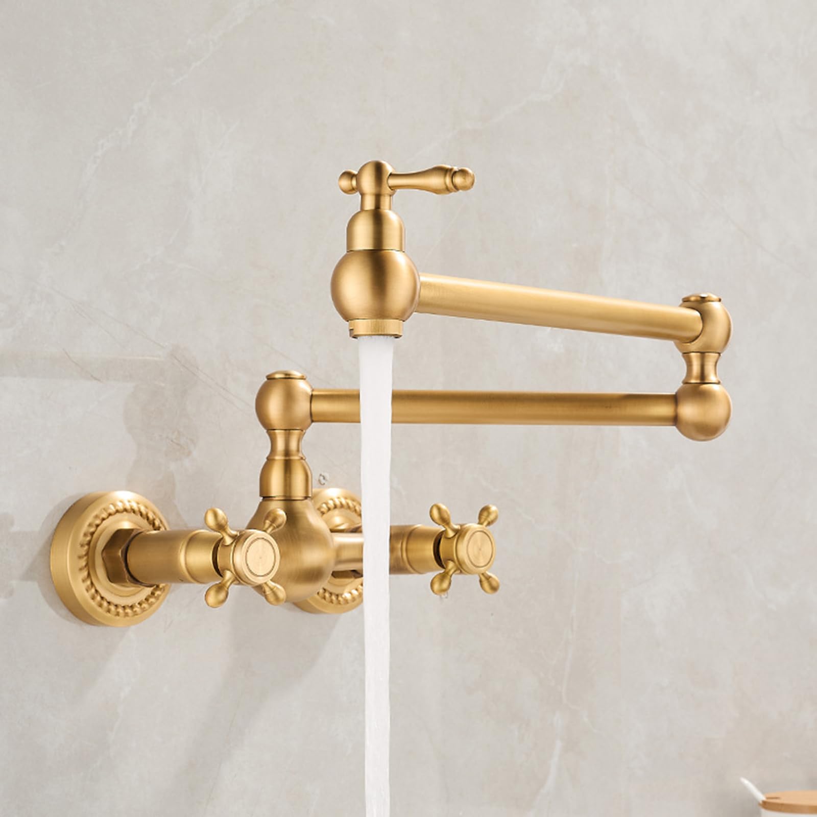 XJTNLB Küchenarmatur Wandmontage Wasserhahn Küche Wandmontage Faltbar Zweigriffmischer Küche Wandarmatur Retro Gold