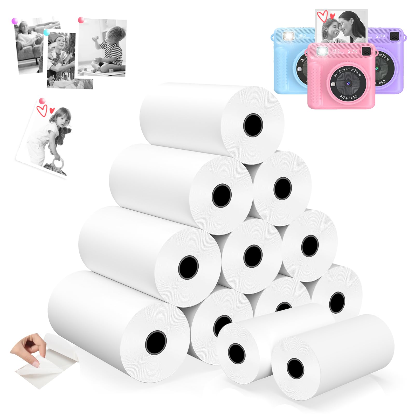 12 Rolls Mini Thermal Printer Sticker Paper, Kids Instant Camera Refill Print Paper, Atnadov HD Thermal Paper for Most Kids Instant Camera (White-12