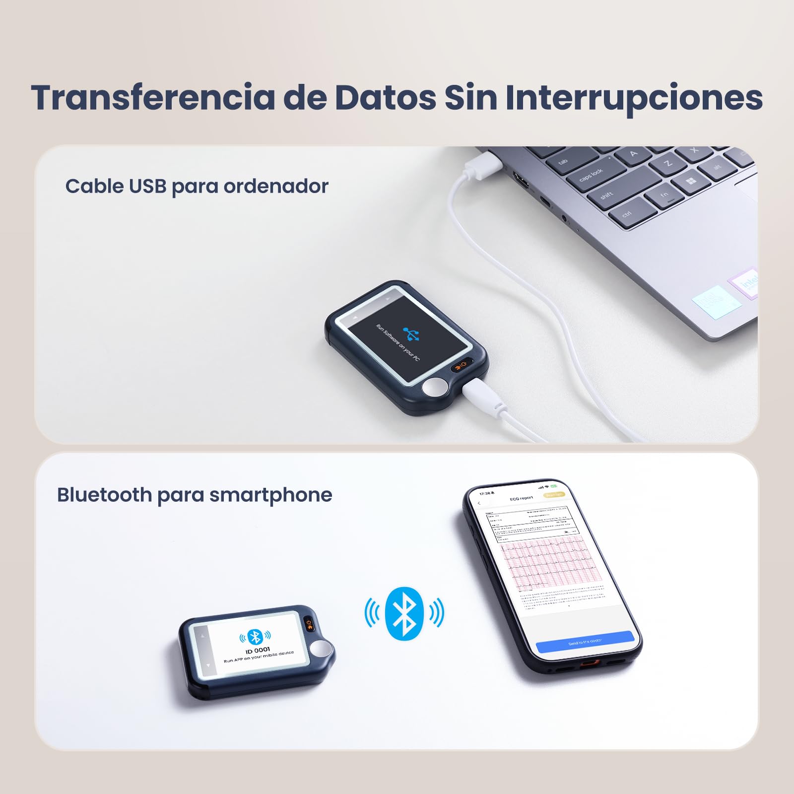 CheckMe Plus Dispositivo Portátil de ECG para Uso Doméstico, Análisis de ECG, 30s 60s 5 min Monitor de ECG Bluetooth con Visualización en Tiempo Real, Memoria Ilimitada (Smartphone y PC)