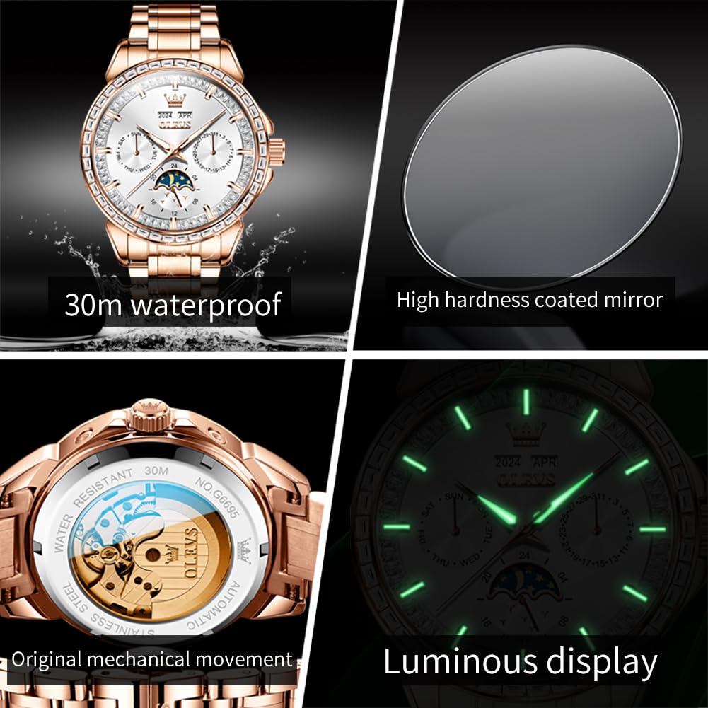 OUPINKE Herren Luxus Uhr Gold Diamant Automatik Mechanisch mit Datum Mondphase Edelstahl Leuchtend Wasserdicht Business Armbanduhr