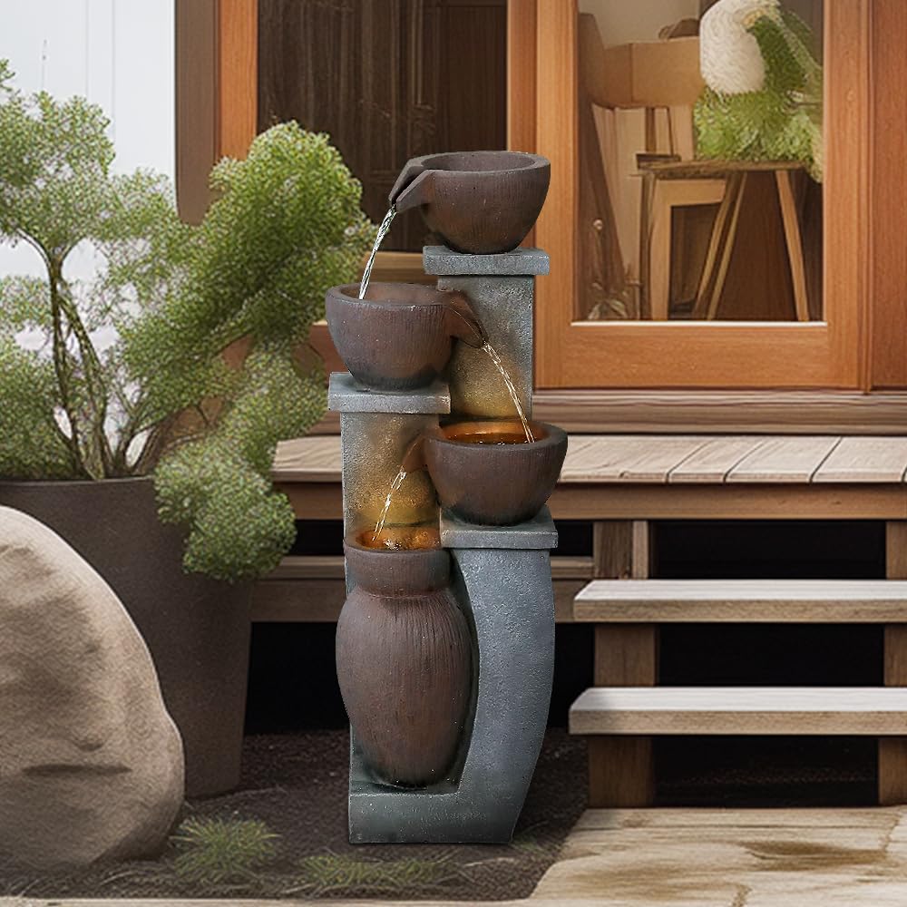 32.8in Waterfall Fountain Indoor - 4 Tier Free Standing Outdoor Water Fountains with LED Lights for Garden Porch Backyard Patio Home Decoration