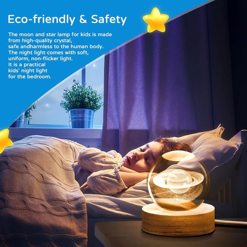 Image of Fairy Saturn 3D Crystal Ball Night Lamp, Creative Engraved Crystal Ball Night Light, USB Table LED Wooden for Home Office Decoration Birthday Gift Adults (Warm White)