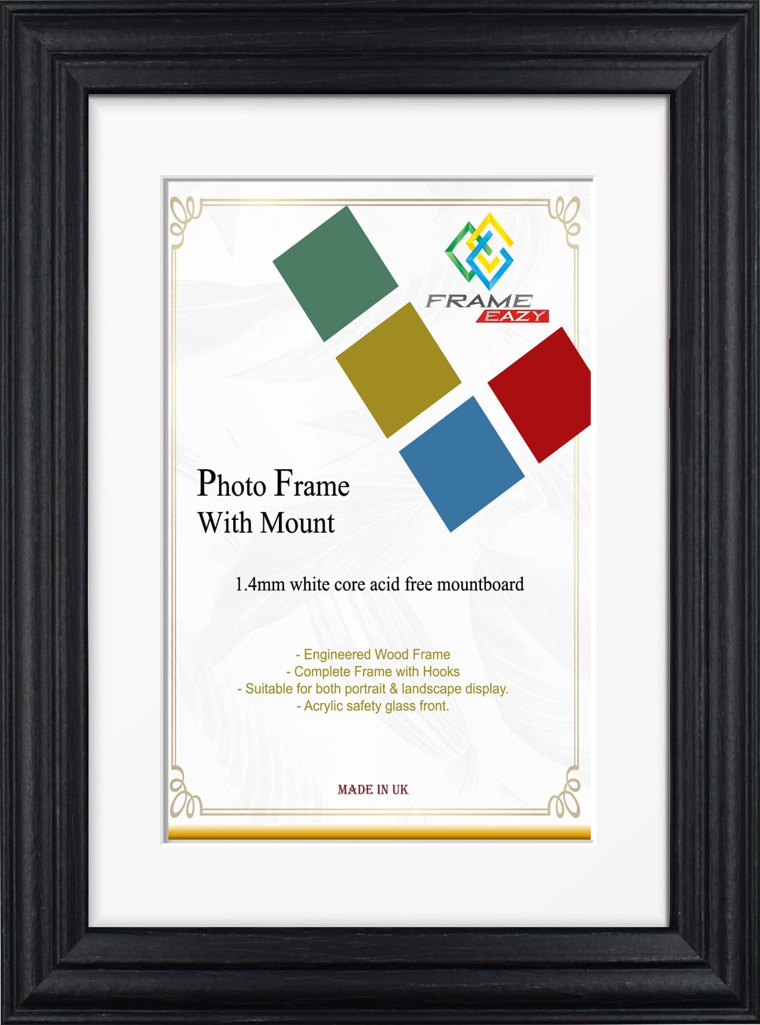 FRAME EAZY Black 14x11 Photo Frame with 11x9 White Mount - Antique Style Picture Frame With Safe Perspex Front - Frame 14" x 11" For Picture Size 11" x 9"