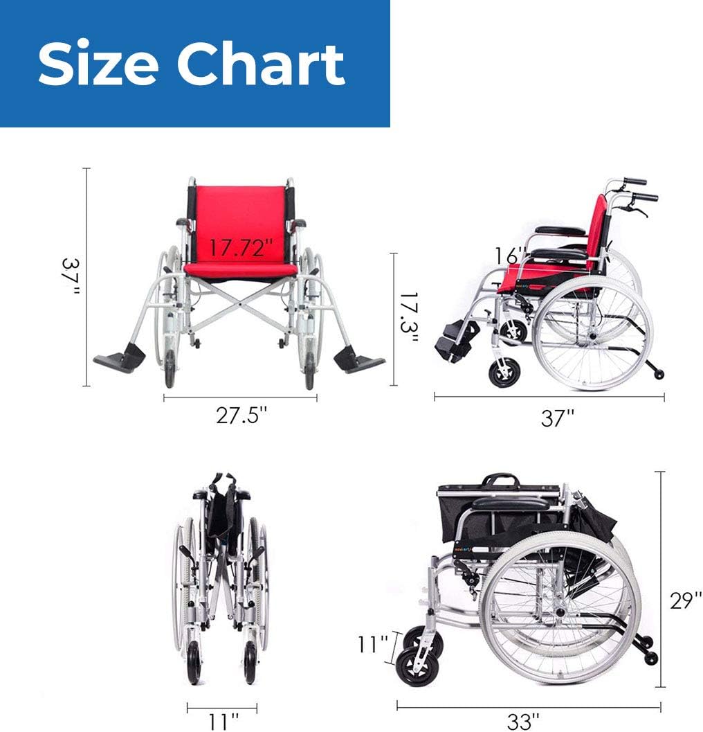 Hi-Fortune Magnesium Wheelchair 21lbs Lightweight Self-propelled Chair with Travel Bag and Cushion, Portable and Folding, 17.5” Seat, Red, 21lbs : Health & Household