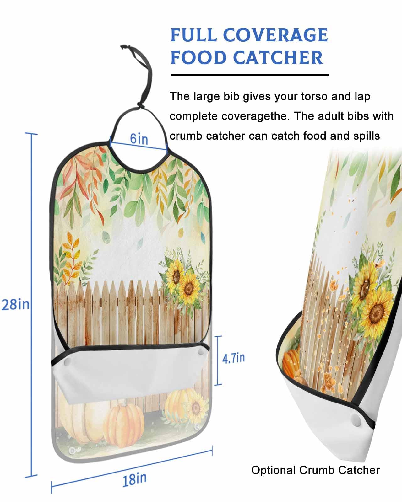 LEOKOTI Orange Thanksgiving Fall Adult Bibs for Eating, Waterproof Bibs with Food Catcher & Adjustable Snap Closure, Maple Leaf Watercolor Pumpkins Washable Clothing Protectors Adult Bibs for Elderly