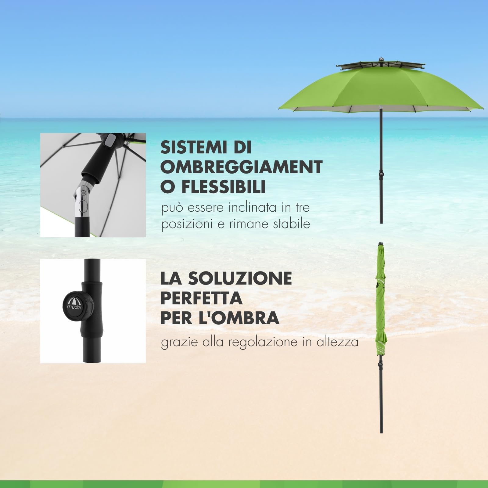 derby Ombrellone da 200 cm, ombrellone per spiaggia, balcone e terrazza, regolabile in altezza, con protezione UV, ombrellone pieghevole, per spiaggia e piscina all'aperto, ombrellone da spiaggia
