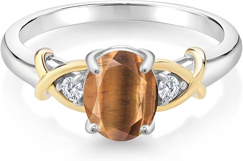 Miniatura 2 de Gem Stone King Anillo de plata 925 y oro amarillo de 10 quilates con ojo de tigre marrón y diamantes blancos cultivados en laboratorio para mujer