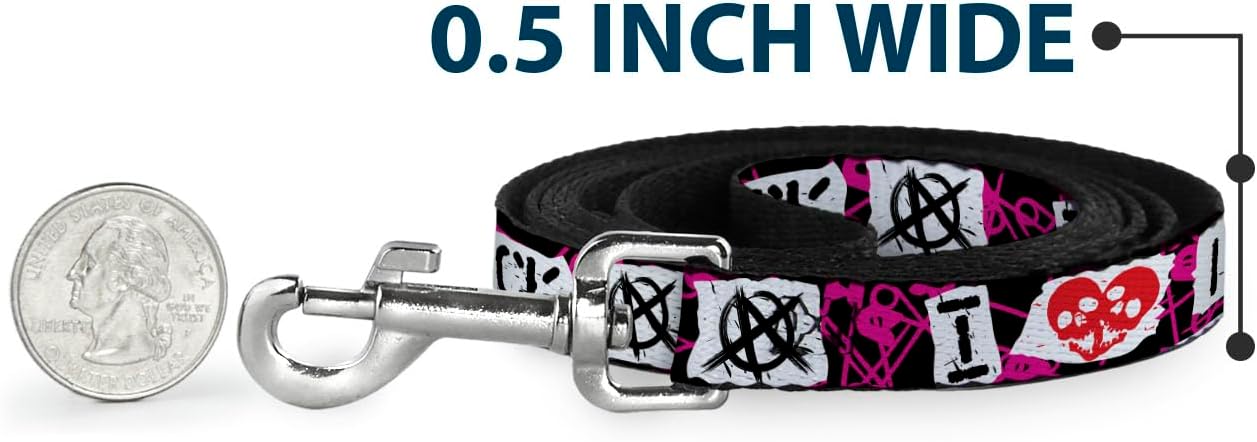 Dog Leash I Heart Punk Rock Safety Pins Black Fuchsia White 4 Feet Long 1.5 Inch Wide