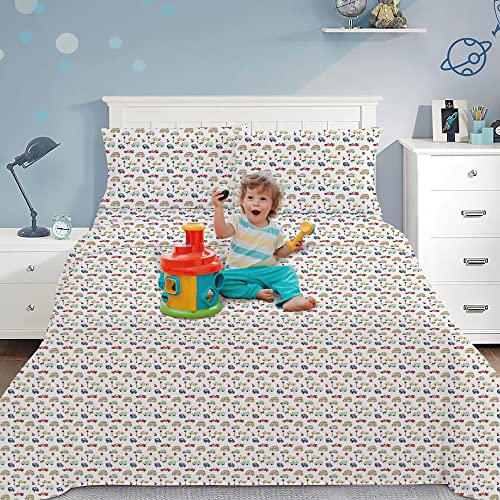 Viviland Kids Twin Sheet Set - Boys Cartoon Cars Twin Sheet Set - Kids Toddlers Twin Microfiber Fitted Sheets - Beige #TOP1