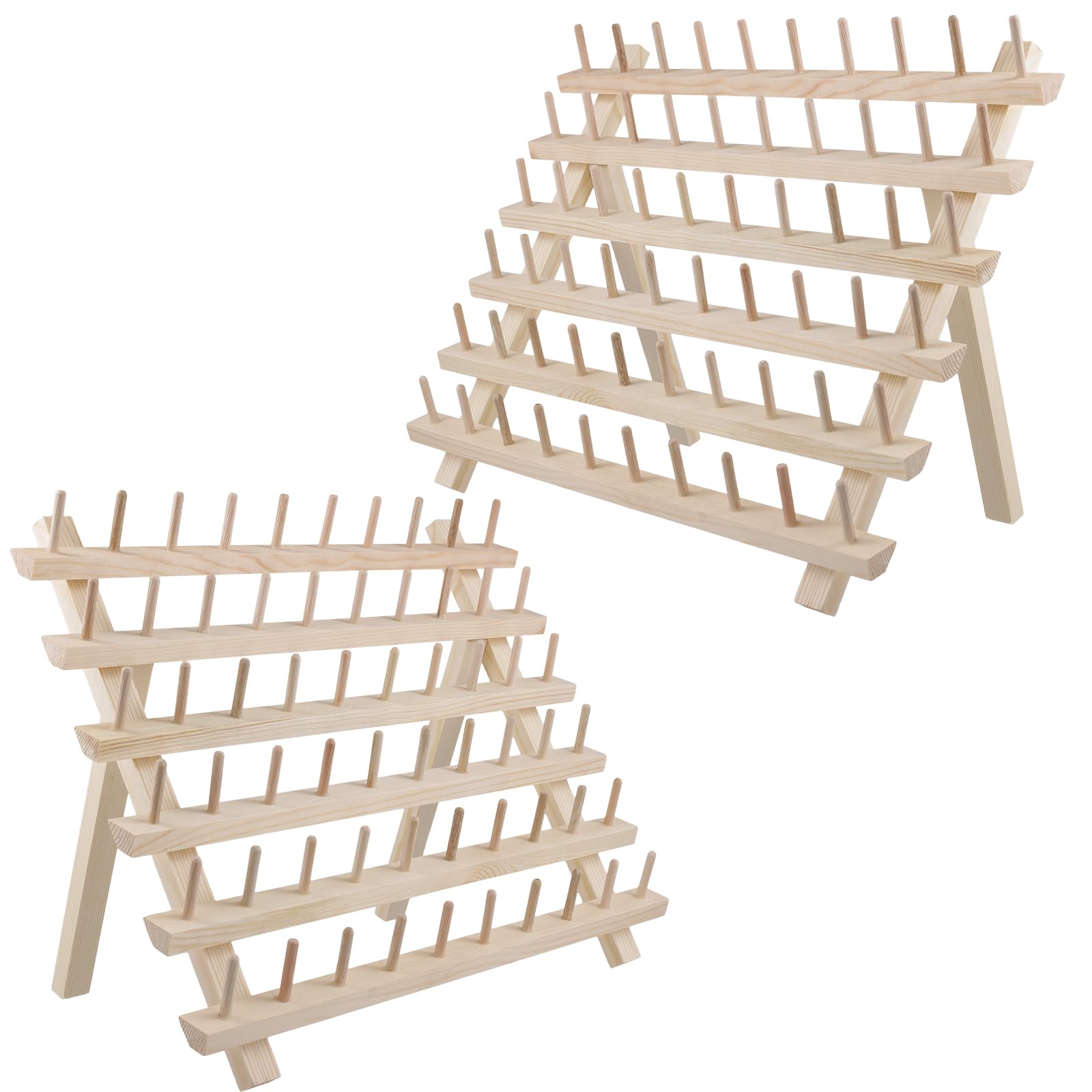 FUNSUEI Juego de 2 Soportes de Madera para Carretes de Hilo, 60 Bobinas con Ganchos, Organizadores para Almacenamiento de Bordados, Costura y Hacer Colchas