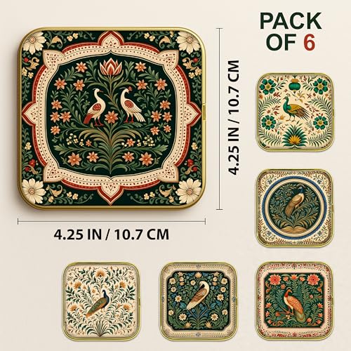 Image of Rousrie Stylist Modern Wooden Coasters with Golden Border | Set of 6 | Stand Included Premium Handmade Coaster for Tea Cups, Coffee Mugs, Beer Mugs, 10 by 10 cm (Madhubani Pattern)
