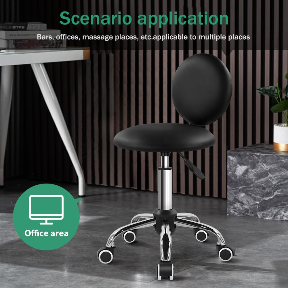 FURWOO Mini Round Rolling Stool with Back Height Adjustable Stool on Wheels for Spa Salon Massage Black