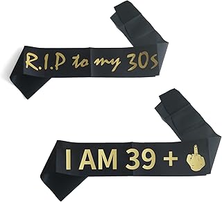 RIP to My 30s Birthday Sash & I Am 39 plus middle finger Sash, 40th Birthday Gift Decorations for Women, Men, RIP to My Youth Decor, Black and Gold Sash, Funeral for Youth 40th Birthday Party Supplies