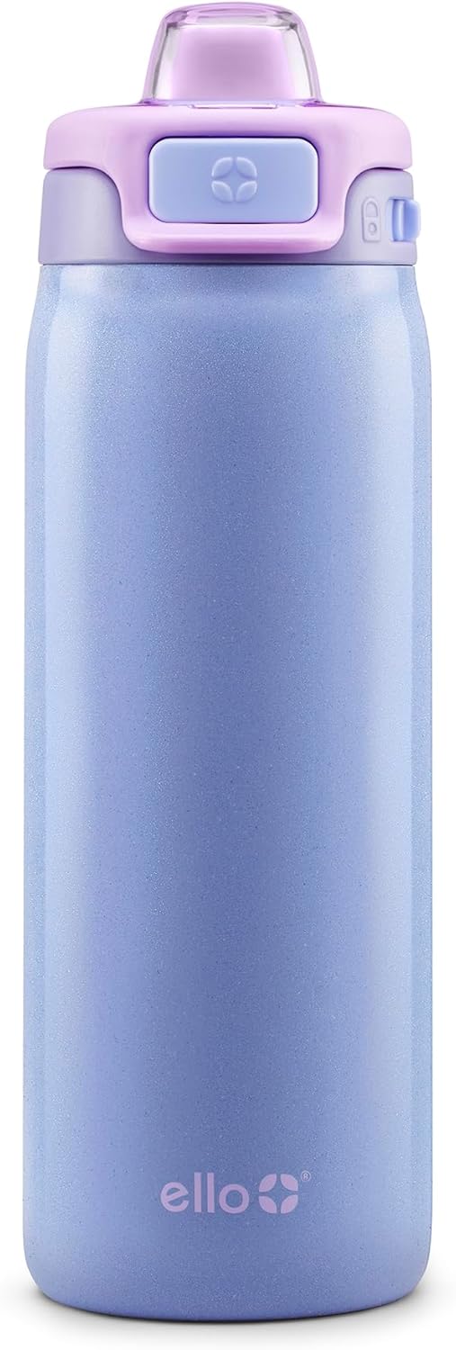 Ello Kids Pop & Fill 18oz Stainless Steel Water Bottle with Quick Fill Technology, Double-Wall Vacuum Insulation, Leak Proof Locking Lid, Sip & Chug, BPA Free, Gifts for Girls Boys, Purple Holographic