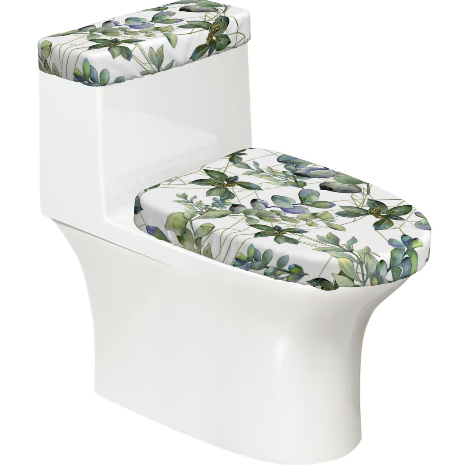 Green Eucalyptus Leaves Printed Toilet Tank and Lid Cover Set of 2 for Most Bathrooms, Fits Elongated Round Toilets