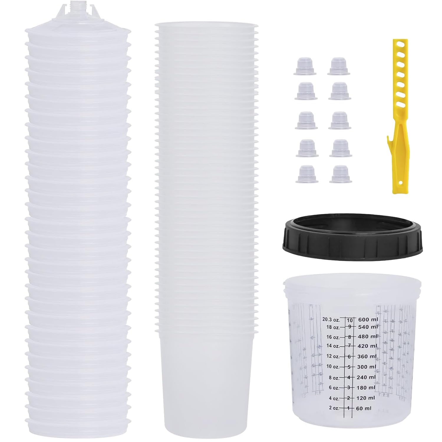 Kit Tazza Paint Mix per Pistola Spruzzo Vernice con 30 Pezzi Tazze per Vernice Monouso + 1 Bastoncino per Mescolare (600ML)