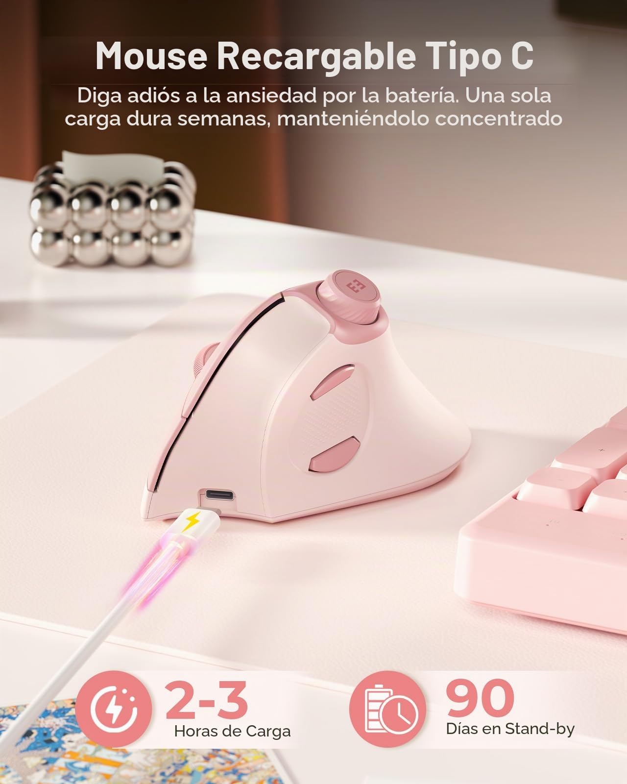 Ratón Ergonómico Inalámbrico, Ratón Vertical Recargable, Silencioso, con Botón de Volumen, Multi-Dispositivos (2*Bluetooth y USB), 3 dpi Ajustables para PC, Ordenador, Portátil, MacBook (Rosa)
