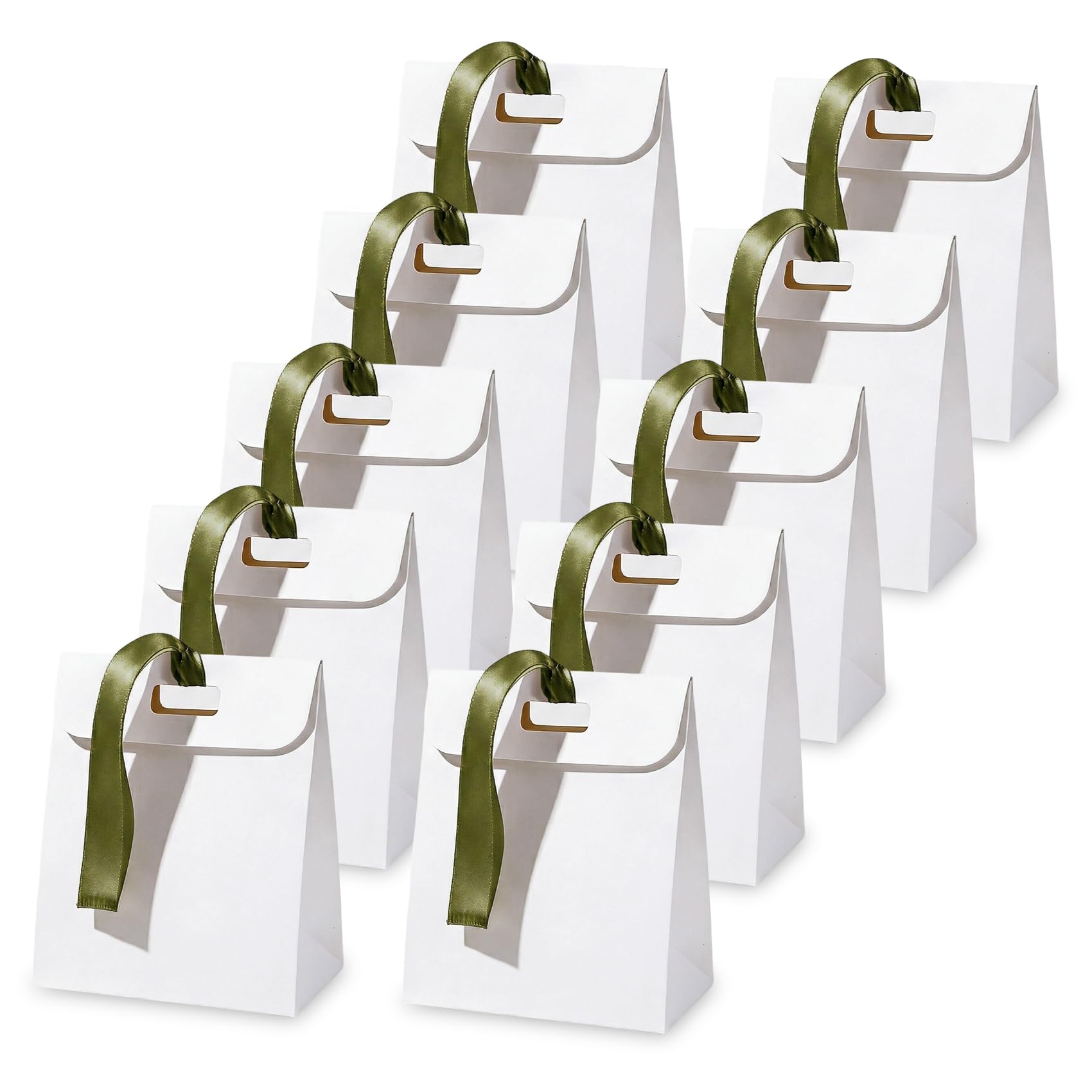 10Pcs Small Gift Bags with Ribbon Handles, 7.28× 5.91× 3.54 inches White Small Party Bag for Birthdays, Weddings, Baby Shower & Events(White, Green)