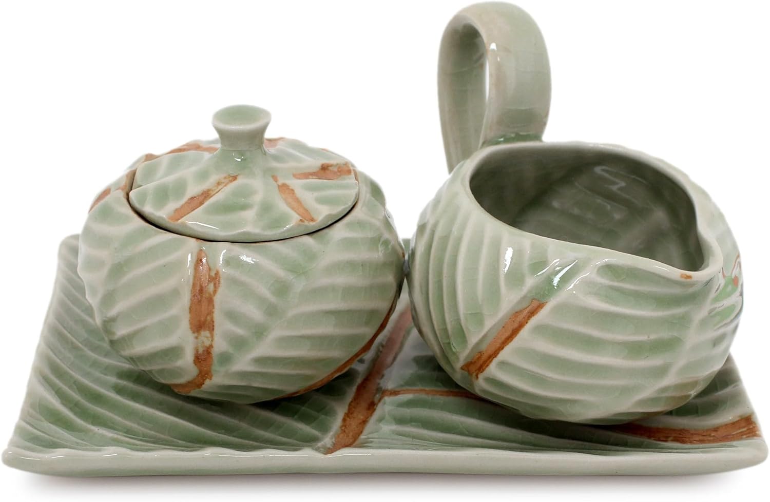 NOVICA Leaf and Tree Serveware Celadon Ceramic Sugar Bowl and Creamer, Green, 4 Oz, Banana Leaf' (4 Pieces)