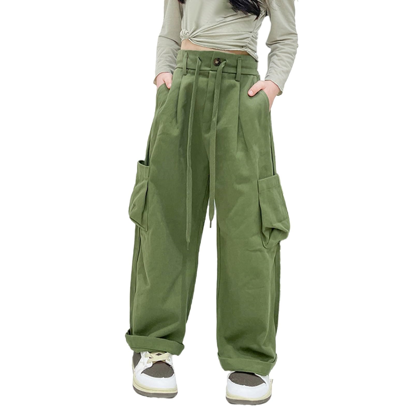 Cargo Pants for Girls Casual High Waist Wide Leg Parachute Trousers Kids Loose Fit Baggy Joggers (Green, 5-6 Years)