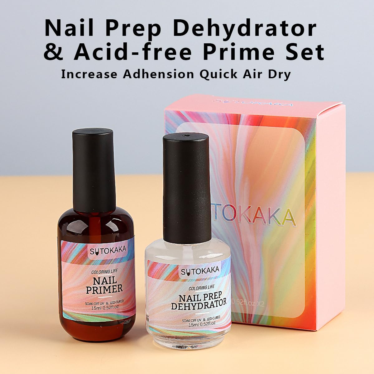 Sutokaka Nail Prep Dehydrator and Primer Set - 2pcs 15ml Acid Free No Burn Fast Air Dry Natural Nail Dehydrator and Superior Bonding Primer for Acrylic Powder