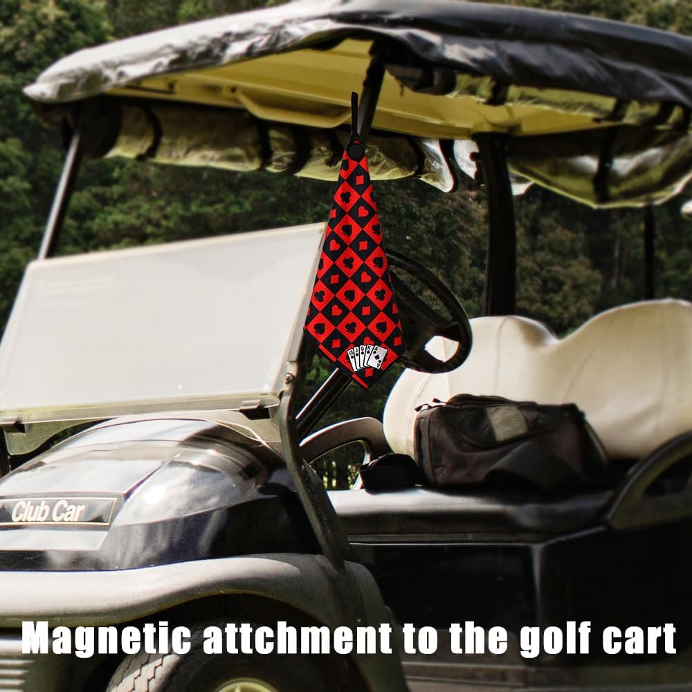 Myartte Poker Royal Flush Microfiber Golf Towel with Magnetic Clip Waffle Weave Towel for Cleaning Clubs Balls for Men Women Golfer 15" x 15" (Red) image 2