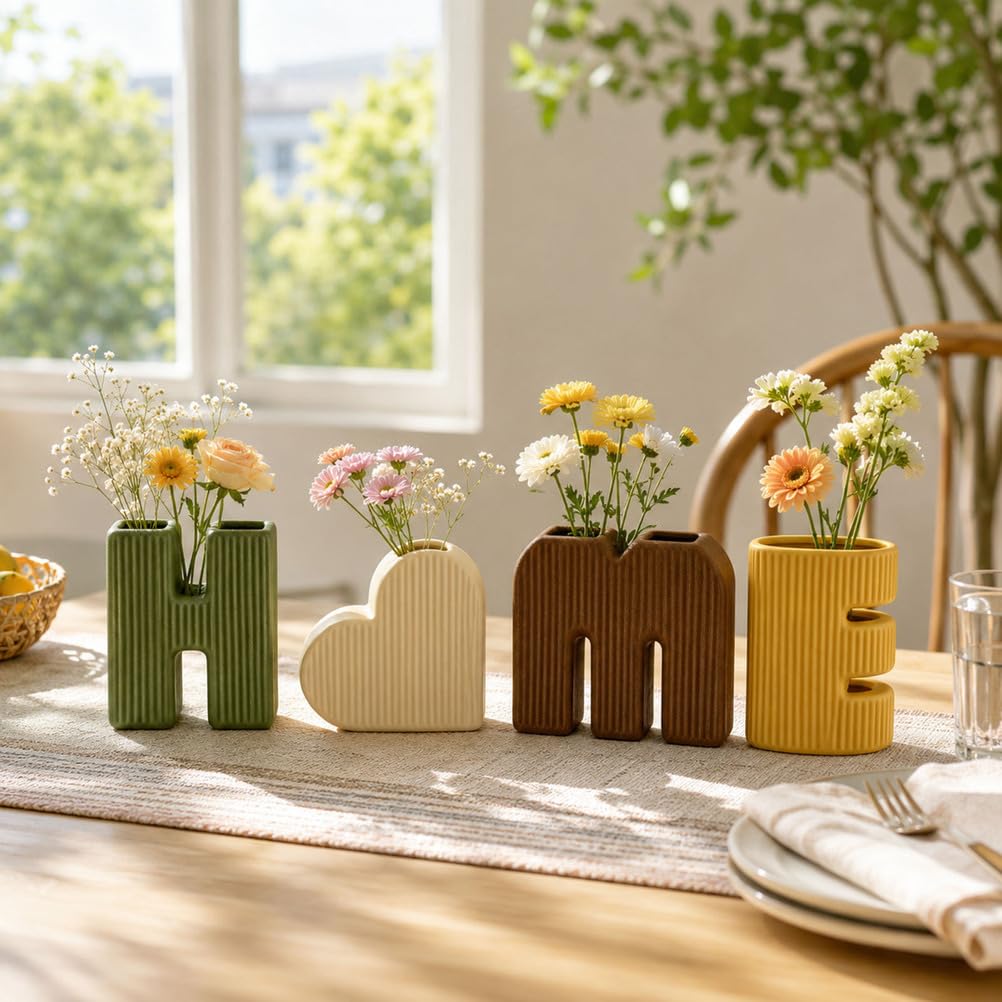 Keramik Deko Vasen 4er Set Home Form Moderne Blumenvasen | Boho Nordisch Wohnzimmer Couchtisch Regal Büro Eingangsbereich Bauernhaus Tischdeko Wohnaccessoire Dekorativ Minimalistisch