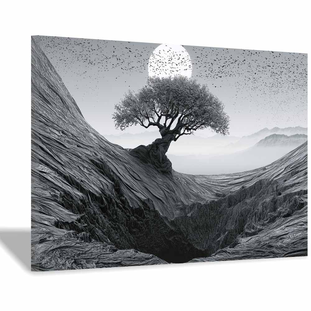 XENIOU Black And White Prints Lone Tree Full Moon Canvas Wall Art, artwork for Bedroom Living Room Bathroom Office Home Decoration(Multicolor)-60x90cm Framed