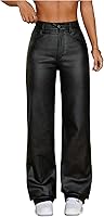 WDIRARA Women's High Waisted Faux PU Leather Pants - Punk Straight Leg Trousers Streetwear